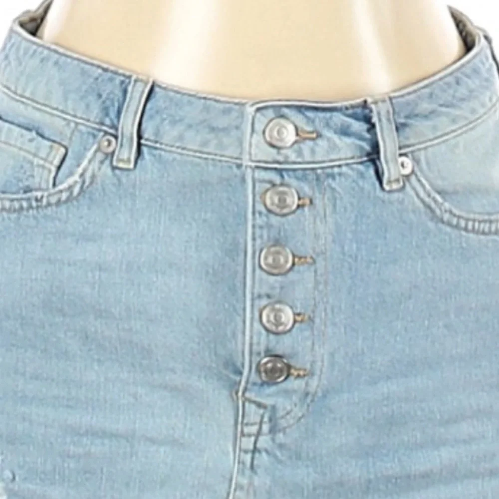 We the Free 29 blue BOHO button fly distressed fringe hem denim jean mini skirt